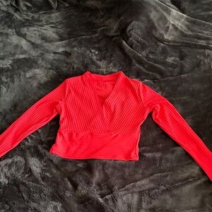 Chic Red Ribbed Long Sleeve Crop Top